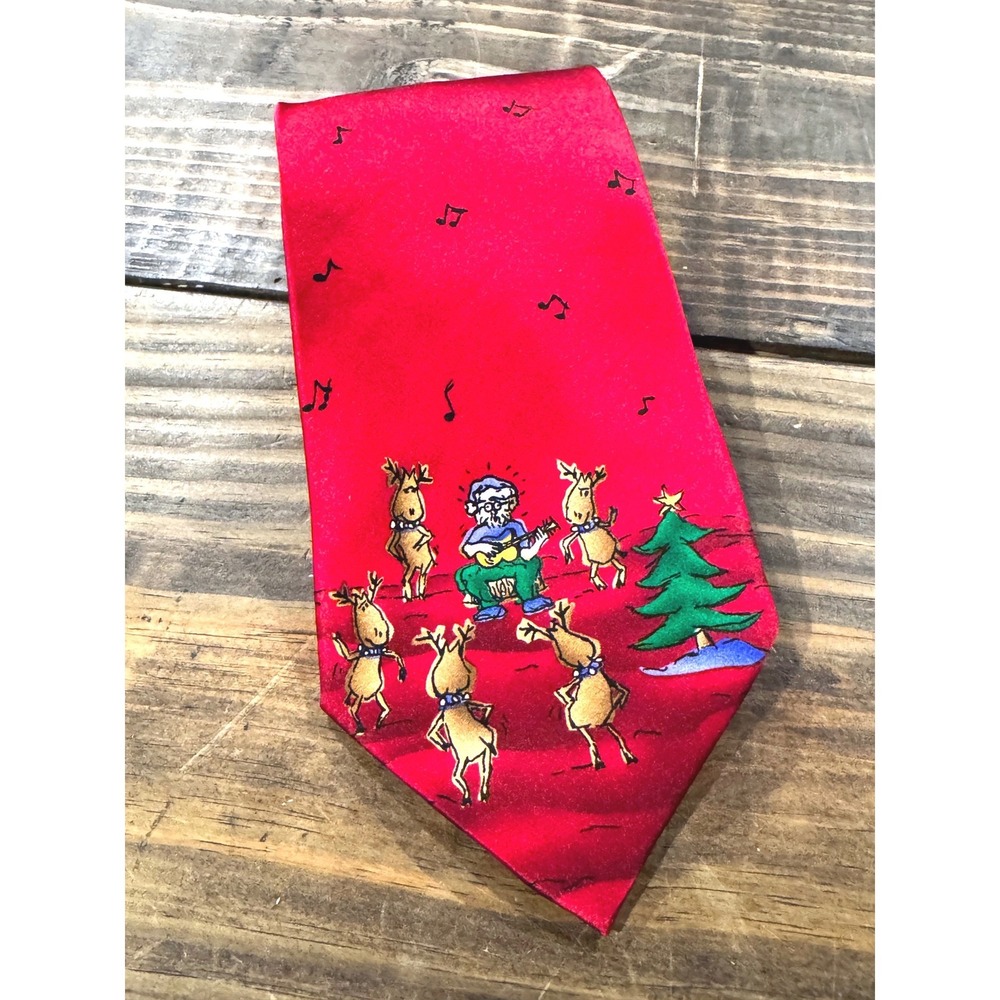 J. Garcia Mens Red Silk Christmas Tie 1996 Reindeer Santa Guitar 56x3.5